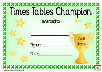 Document preview: Times Tables Champion Award Certificate Template