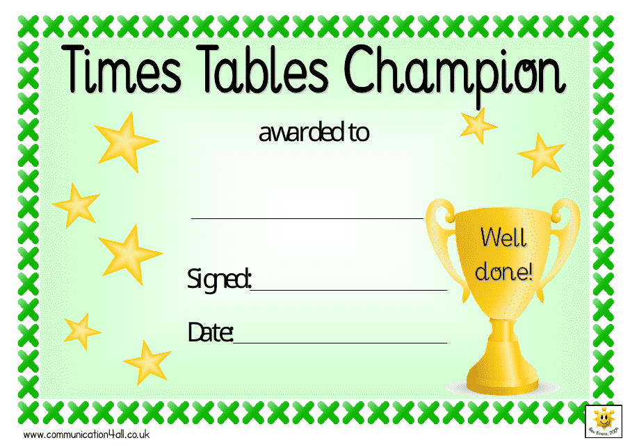 Times Tables Champion Award Certificate Template