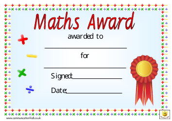 Document preview: Blue-Red Maths Award Certificate Template