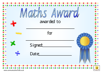 Document preview: Blue Ribbon Maths Award Certificate Template