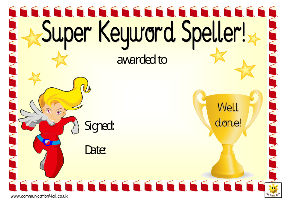 Super Keyword Speller Award Certificate Template with Superwoman