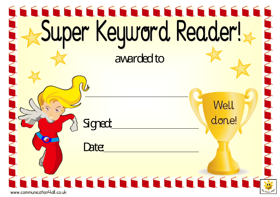 Yellow Super Keyword Reader Award Certificate Template for Girls