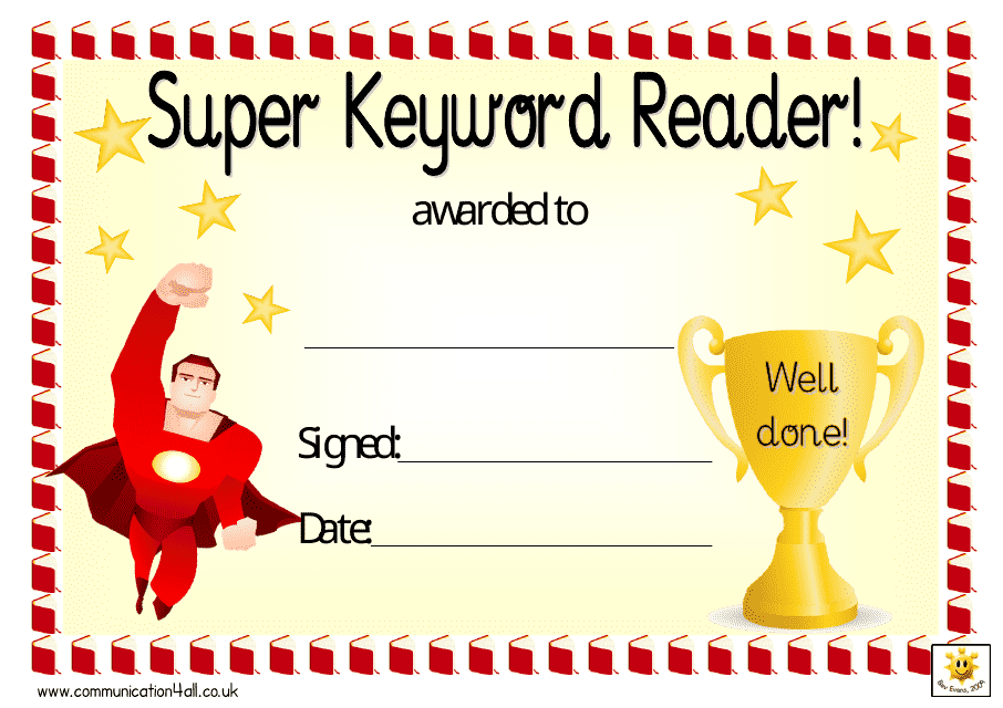 Yellow Super Keyword Reader Award Certificate Template for Boys
