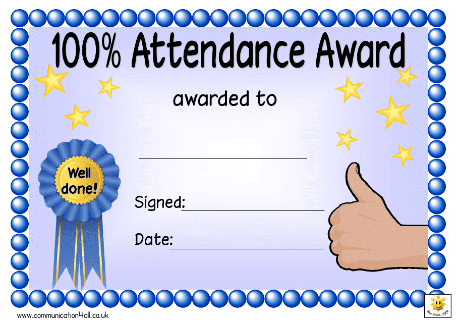 100% Attendance Award Certificate Template