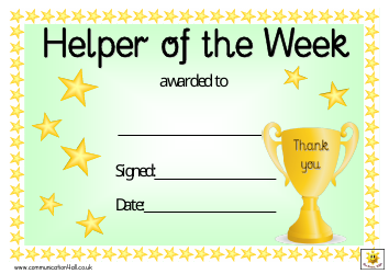 Document preview: Helper of the Week Award Certificate Template