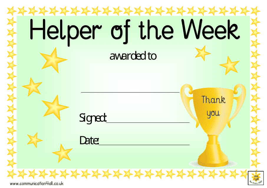Helper of the Week Award Certificate Template
