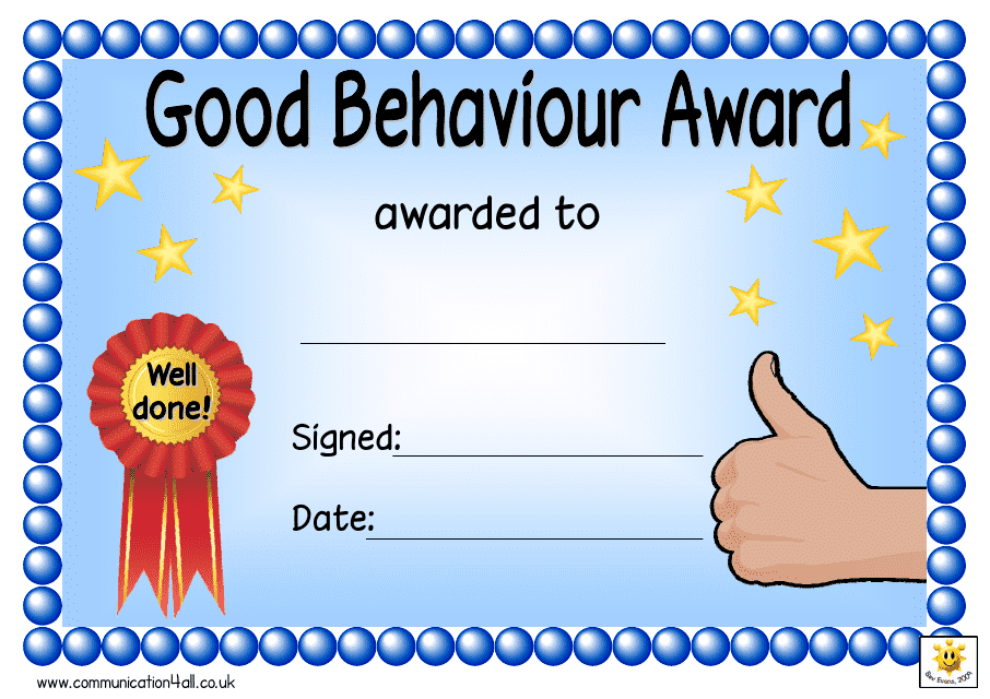 &quot;Good Behaviour Award Certificate Template&quot; Download Pdf