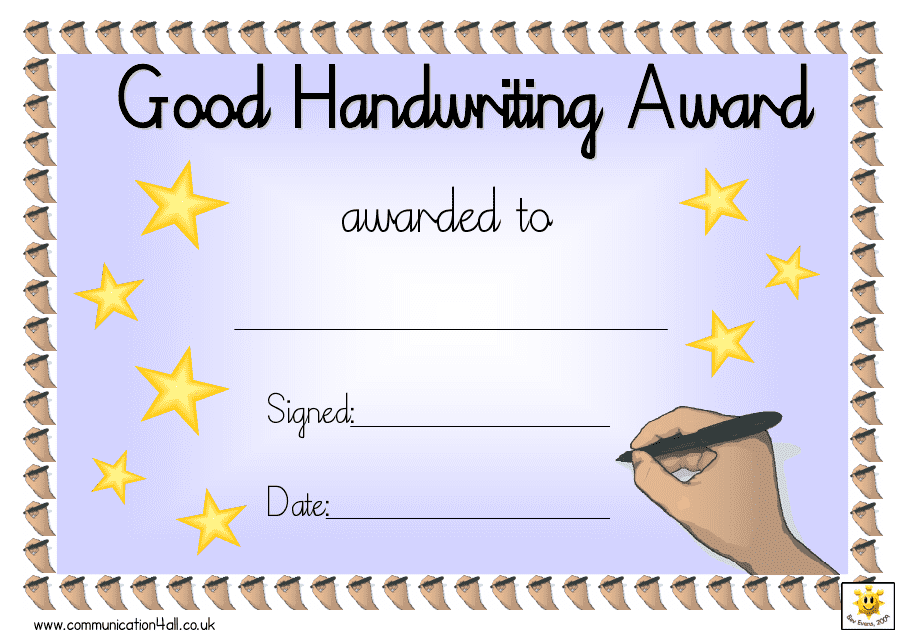 &quot;Good Handwriting Award Certificate Template&quot; Download Pdf
