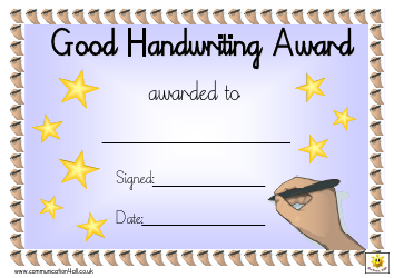&quot;Good Handwriting Award Certificate Template&quot;