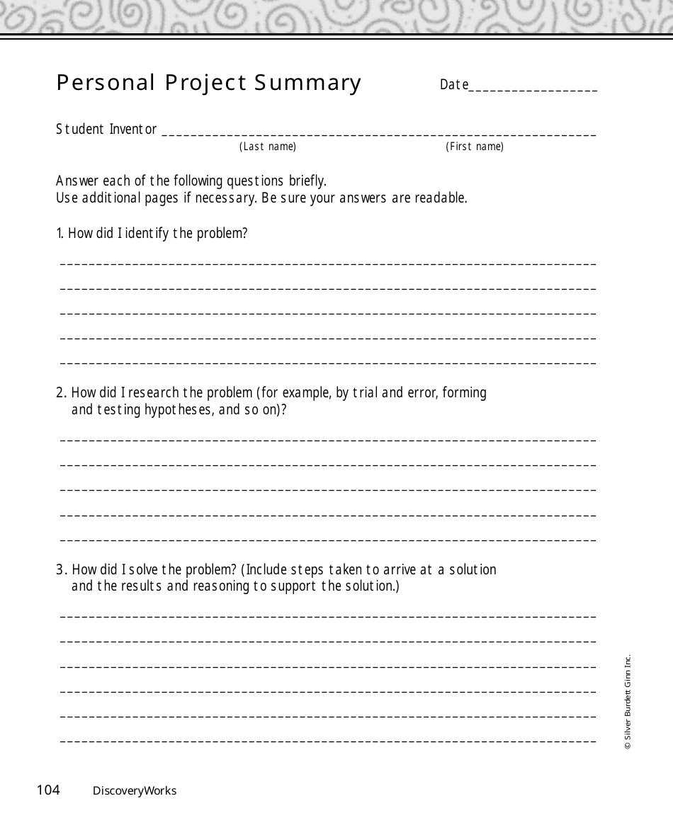 Personal Project Summary Report Template - Silver Burdett Ginn Inc., Page 1