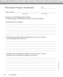 Document preview: Personal Project Summary Report Template - Silver Burdett Ginn Inc.