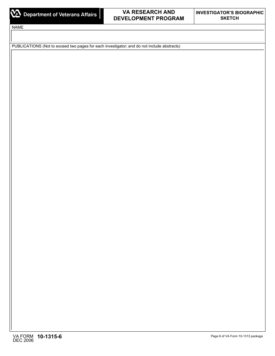 VA Form 10-1315-6 Investigators Biographic Sketch, Page 1