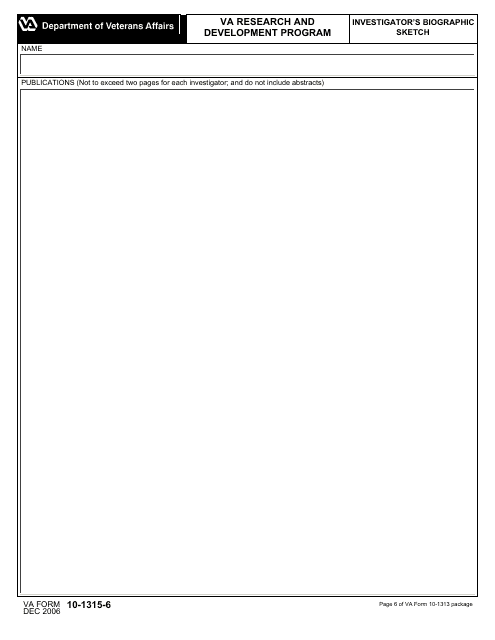 VA Form 10-1315-6 Investigator's Biographic Sketch
