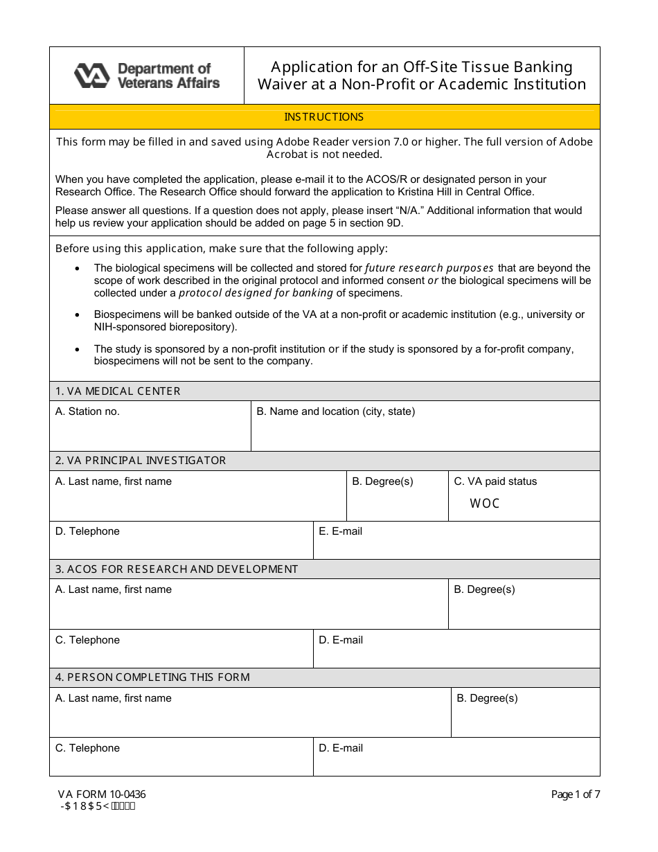 VA Form 10-0436 Application for an off-Site Tissue Banking Waiver at a Non-profit or Academic Institution, Page 1