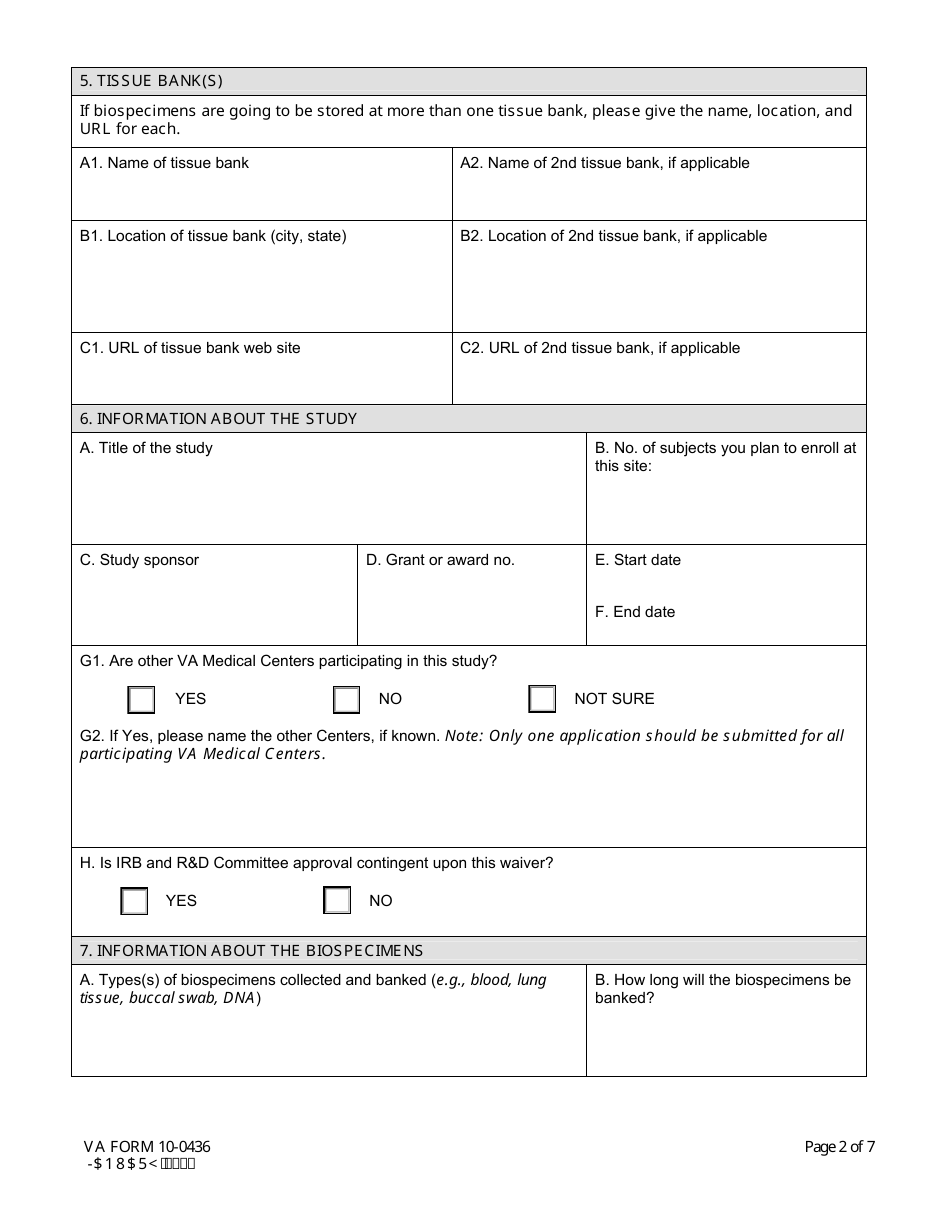 VA Form 10-0436 Application for an off-Site Tissue Banking Waiver at a Non-profit or Academic Institution, Page 2