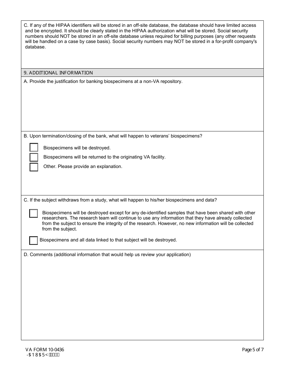 VA Form 10-0436 Application for an off-Site Tissue Banking Waiver at a Non-profit or Academic Institution, Page 5