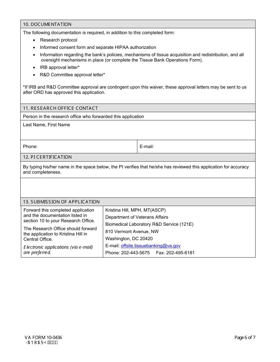 VA Form 10-0436 Application for an off-Site Tissue Banking Waiver at a Non-profit or Academic Institution, Page 6