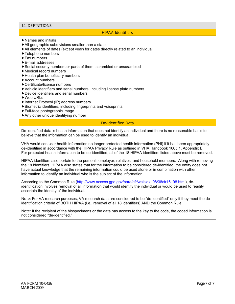 VA Form 10-0436 Application for an off-Site Tissue Banking Waiver at a Non-profit or Academic Institution, Page 7