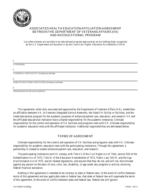 VA Form 10-0094G Associated Health Education Affiliation Agreement Between the Department of Veterans Affairs (VA) and an Educational Program