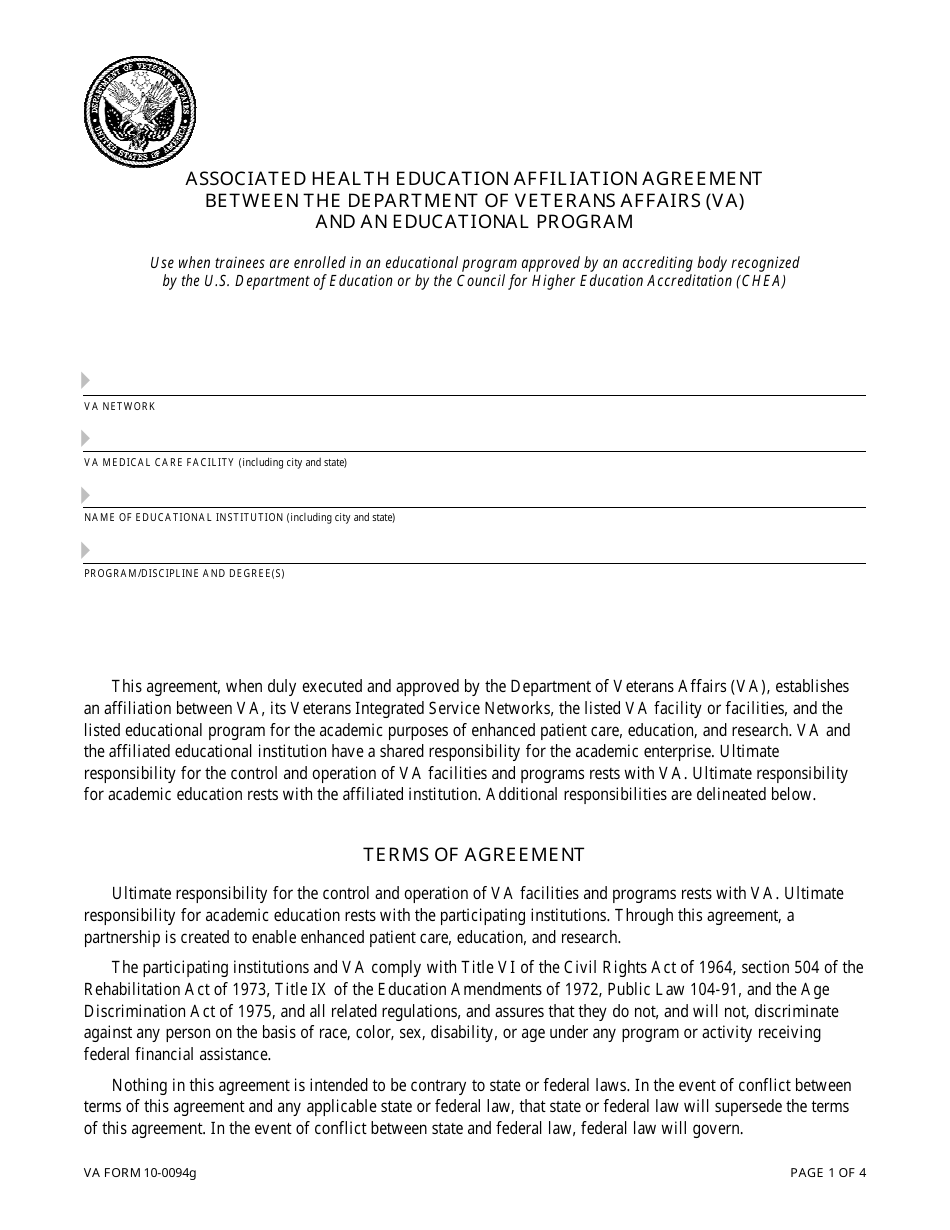 VA Form 10-0094G Download Fillable PDF or Fill Online Associated Health  Education Affiliation Agreement Between the Department of Veterans Affairs ( VA) and an Educational Program | Templateroller