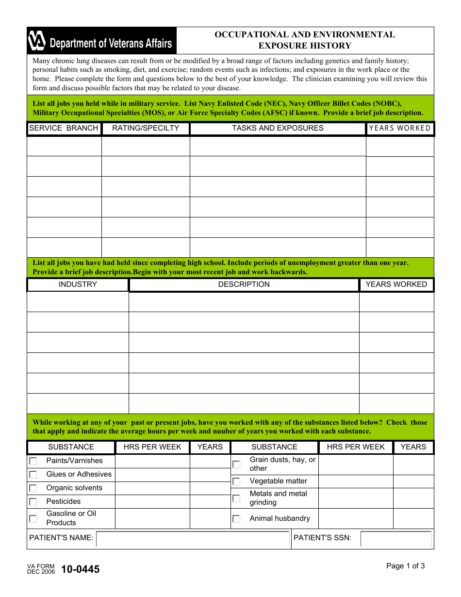 VA Form 10-0445 Occupational and Environmental Exposure History, Page 1