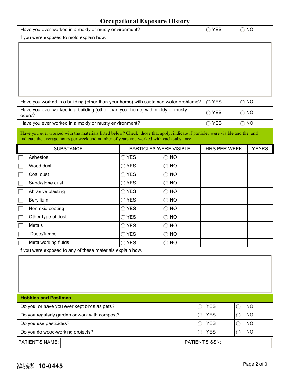 VA Form 10-0445 Occupational and Environmental Exposure History, Page 2