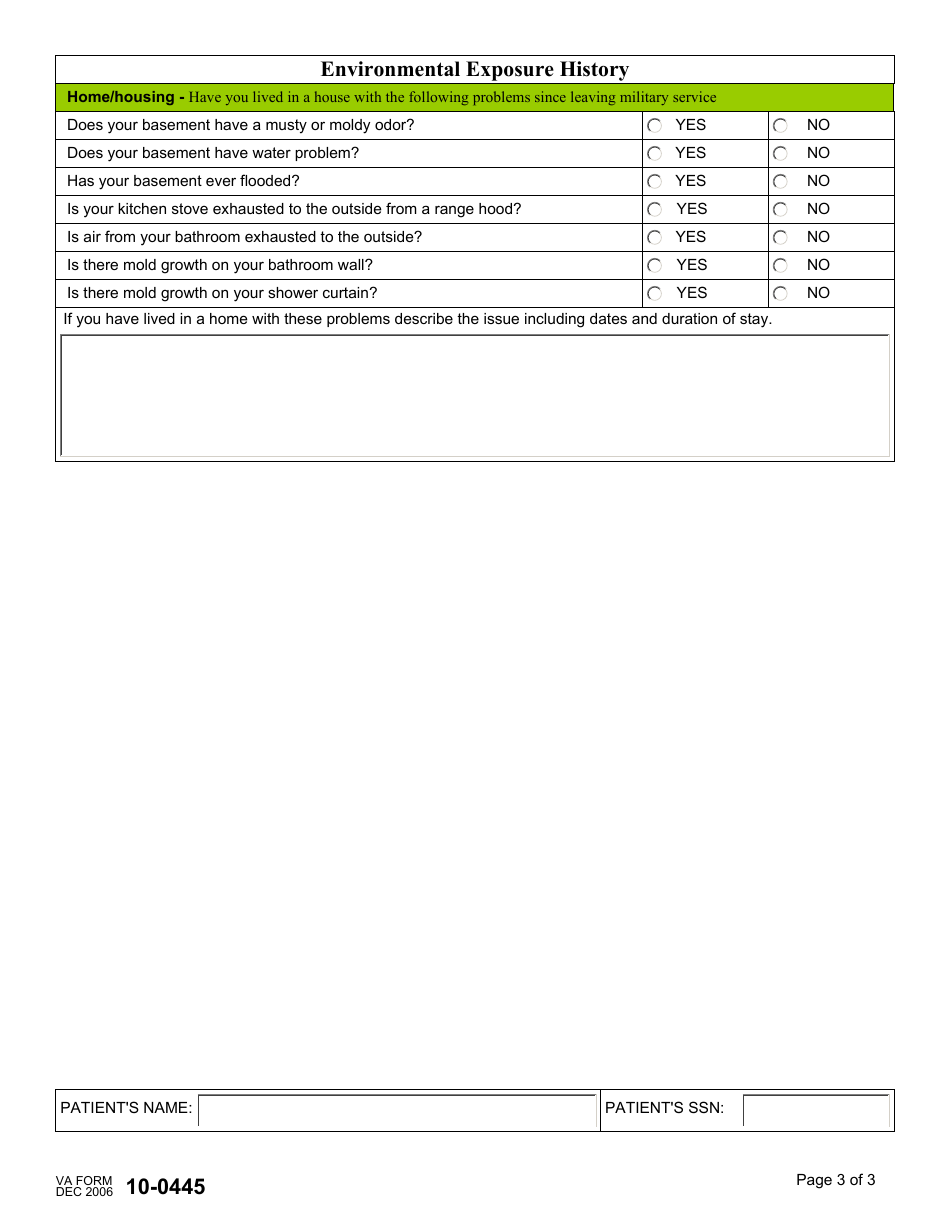VA Form 10-0445 Occupational and Environmental Exposure History, Page 3