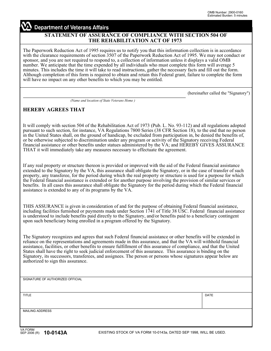 VA Form 10-0143a Statement of Assurance of Compliance, Page 1