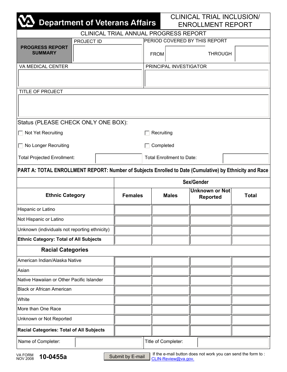 VA Form 10-0455a Clinical Trial Inclusion / Enrollment Report, Page 1