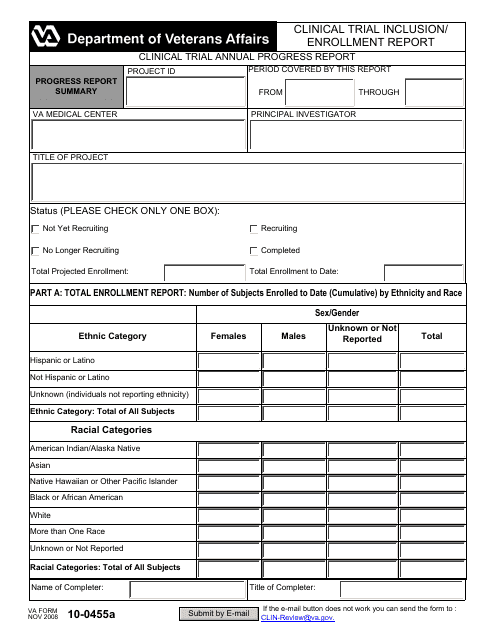 VA Form 10-0455a Clinical Trial Inclusion/ Enrollment Report