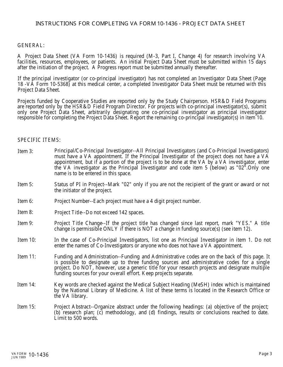 VA Form 10-1436 Research and Development Information System Project Data Sheet, Page 3