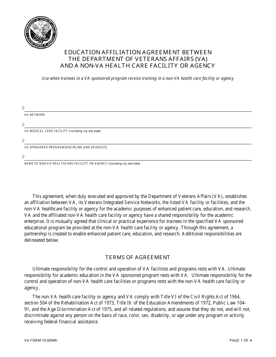 VA Form 10-0094h Education Affiliation Agreement Between the Department of Veterans Affairs (VA) and a Non-VA Health Care Facility or Agency, Page 1