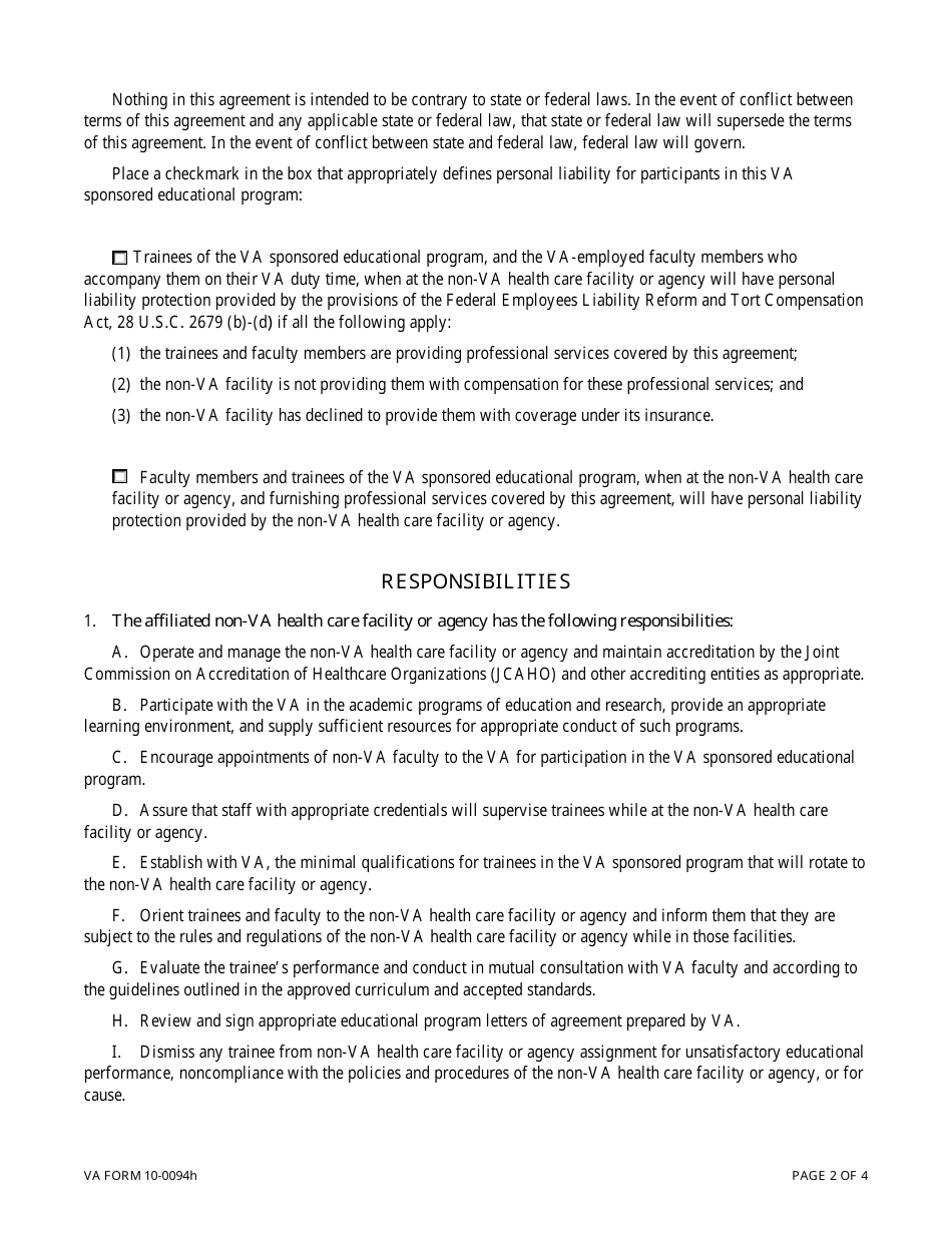 VA Form 10-0094h Education Affiliation Agreement Between the Department of Veterans Affairs (VA) and a Non-VA Health Care Facility or Agency, Page 2