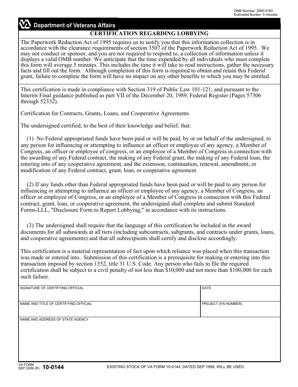 VA Form 10-0144 Certification Regarding Lobbying, Page 1