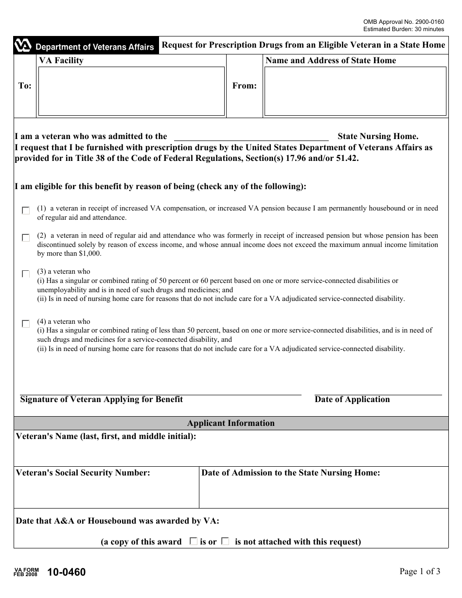VA Form 10-0460 Request for Prescription Drugs From an Eligible Veteran in a State Home, Page 1