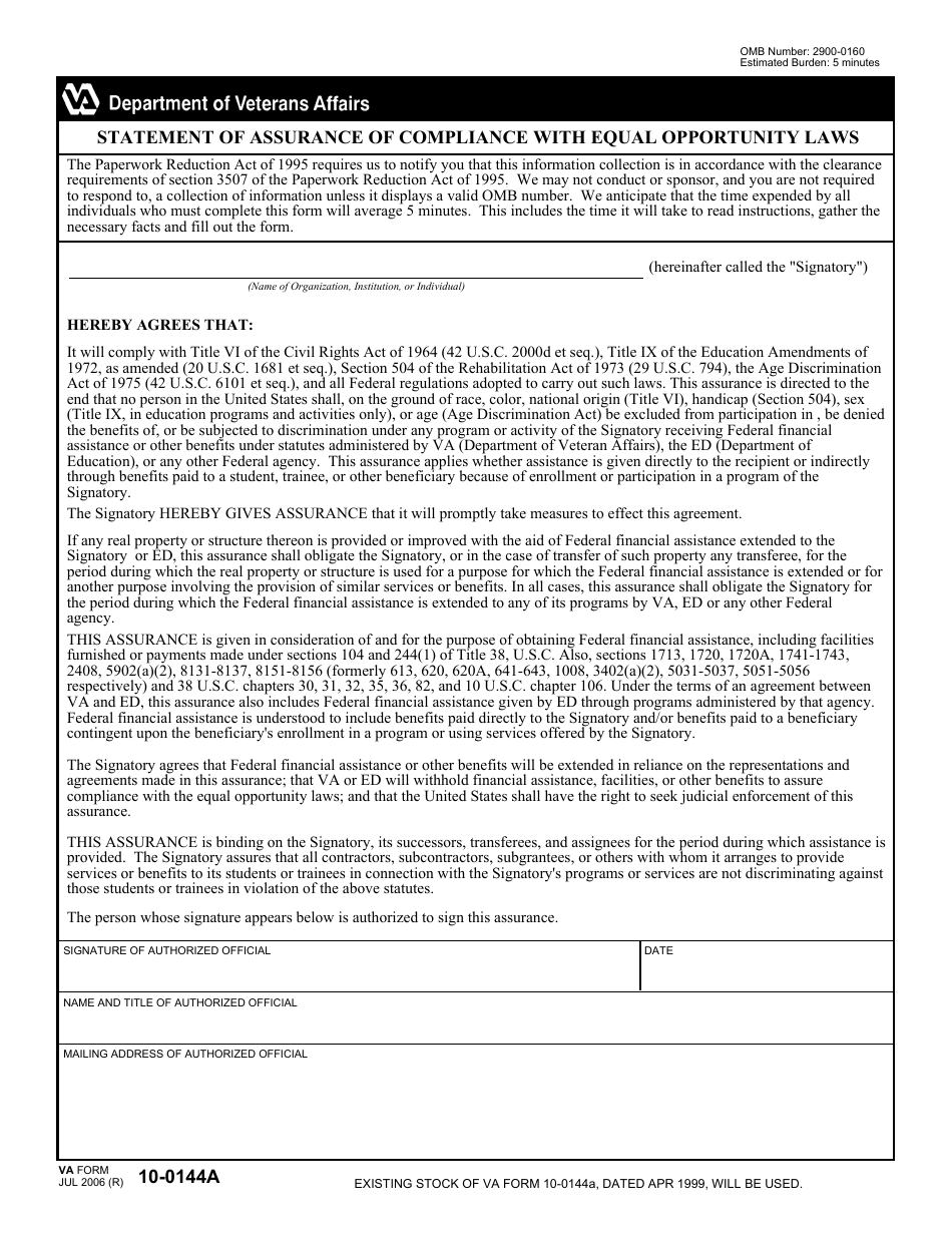 VA Form 10-0144a Statement of Assurance of Compliance With Equal Opportunity Laws, Page 1