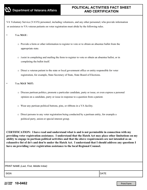 VA Form 10-0462 Political Activities Fact Sheet and Certification