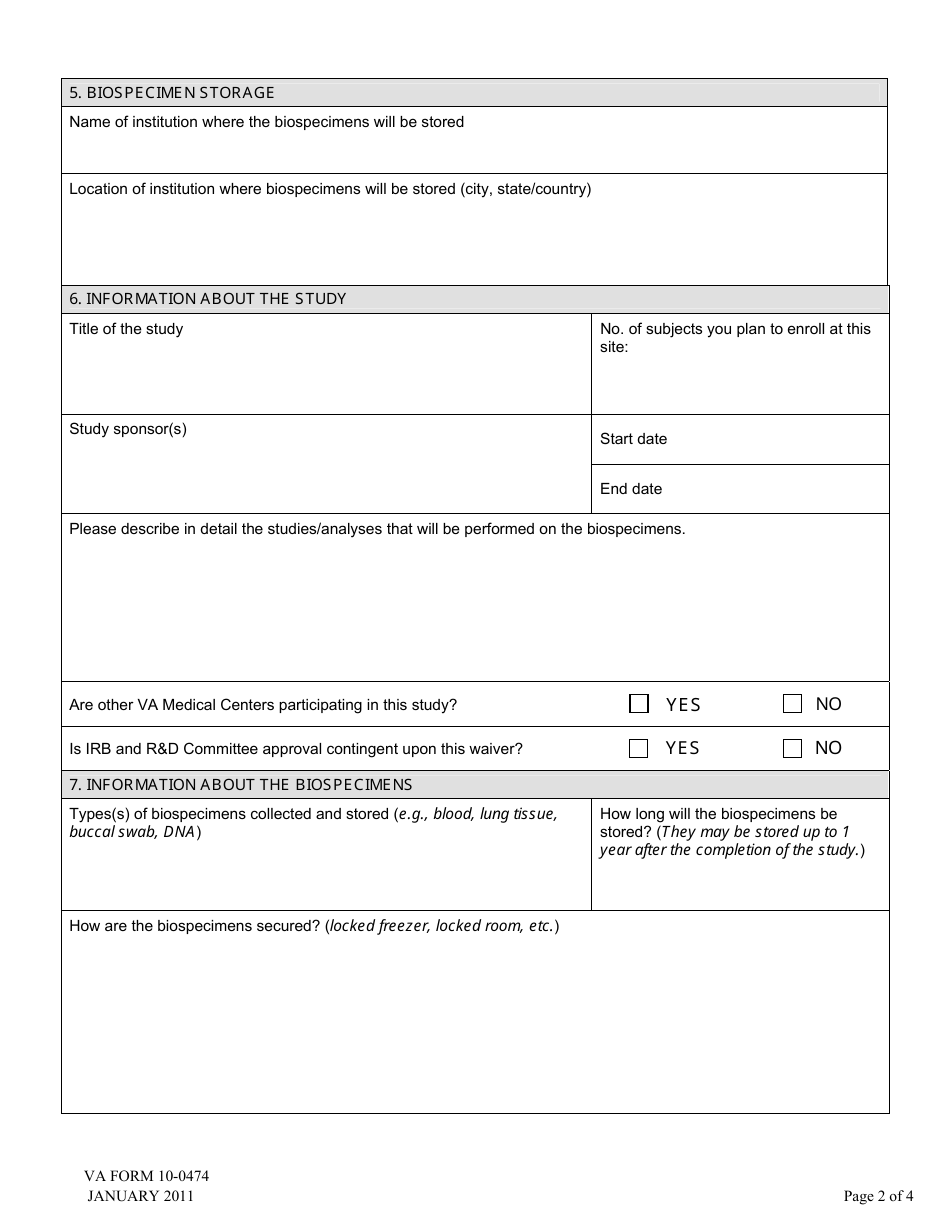VA Form 10-0474 Application for Biospecimen Storage at a for-Profit Institution, Page 2