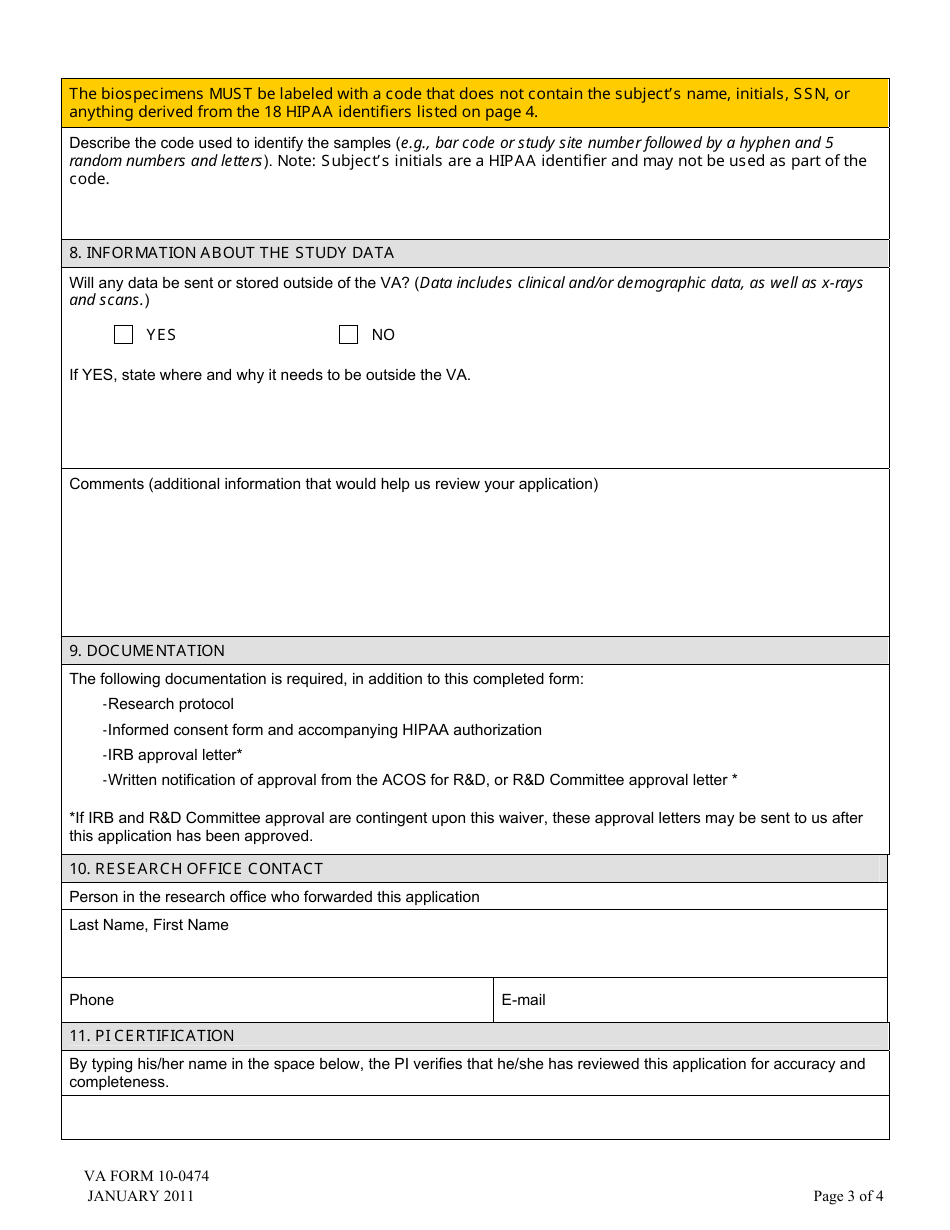 VA Form 10-0474 Application for Biospecimen Storage at a for-Profit Institution, Page 3