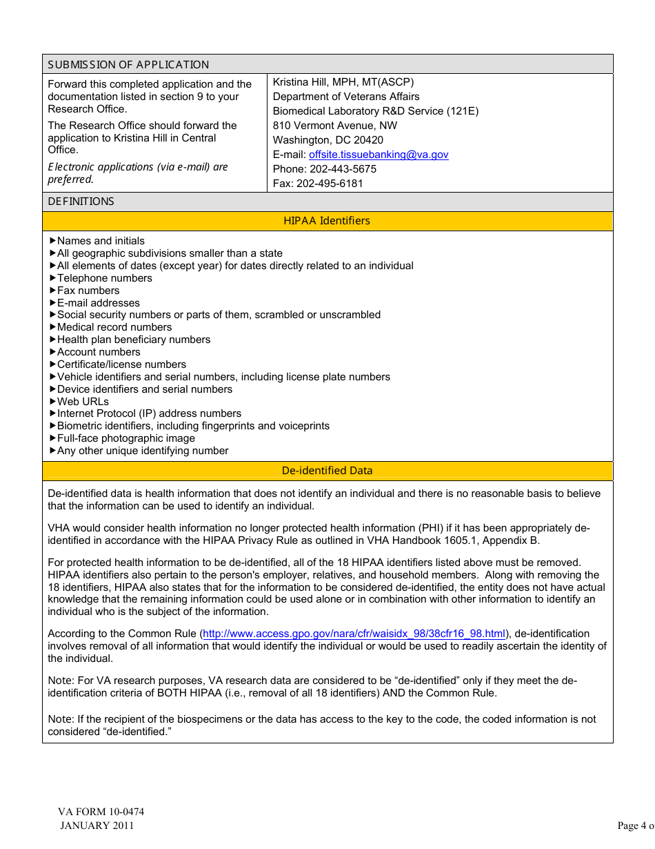 VA Form 10-0474 Application for Biospecimen Storage at a for-Profit Institution, Page 4