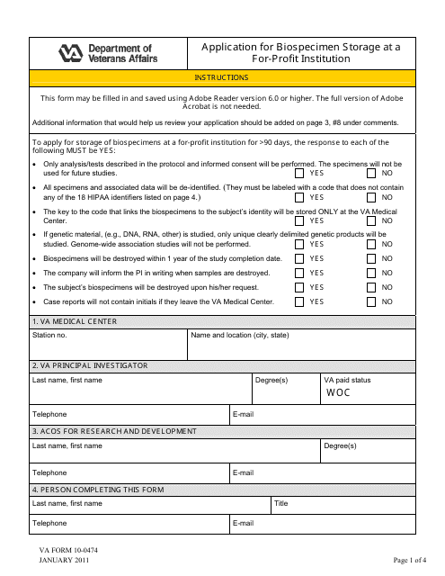 VA Form 10-0474  Printable Pdf