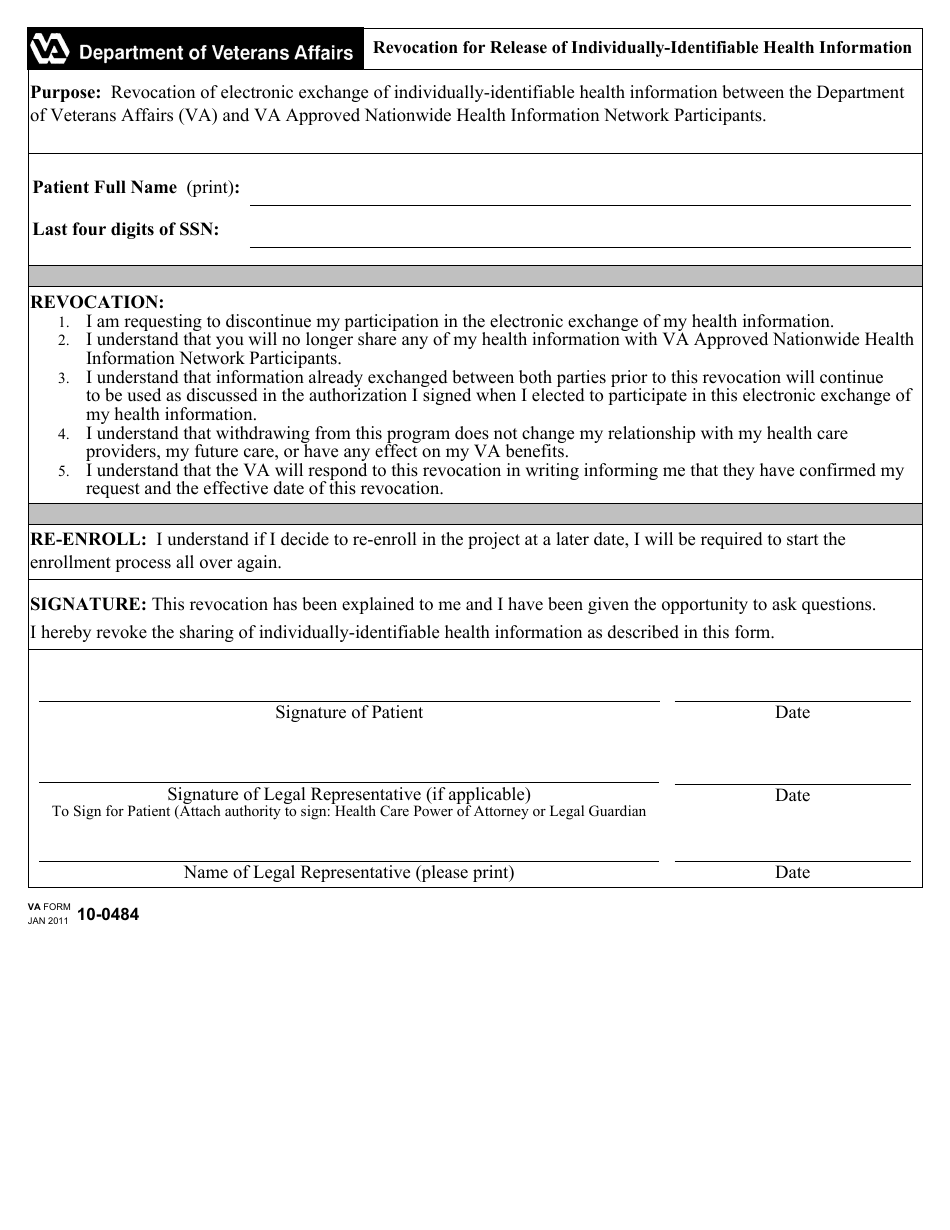 VA Form 10-0484 Revocation for Release of Individually-Identifiable Health Information, Page 1