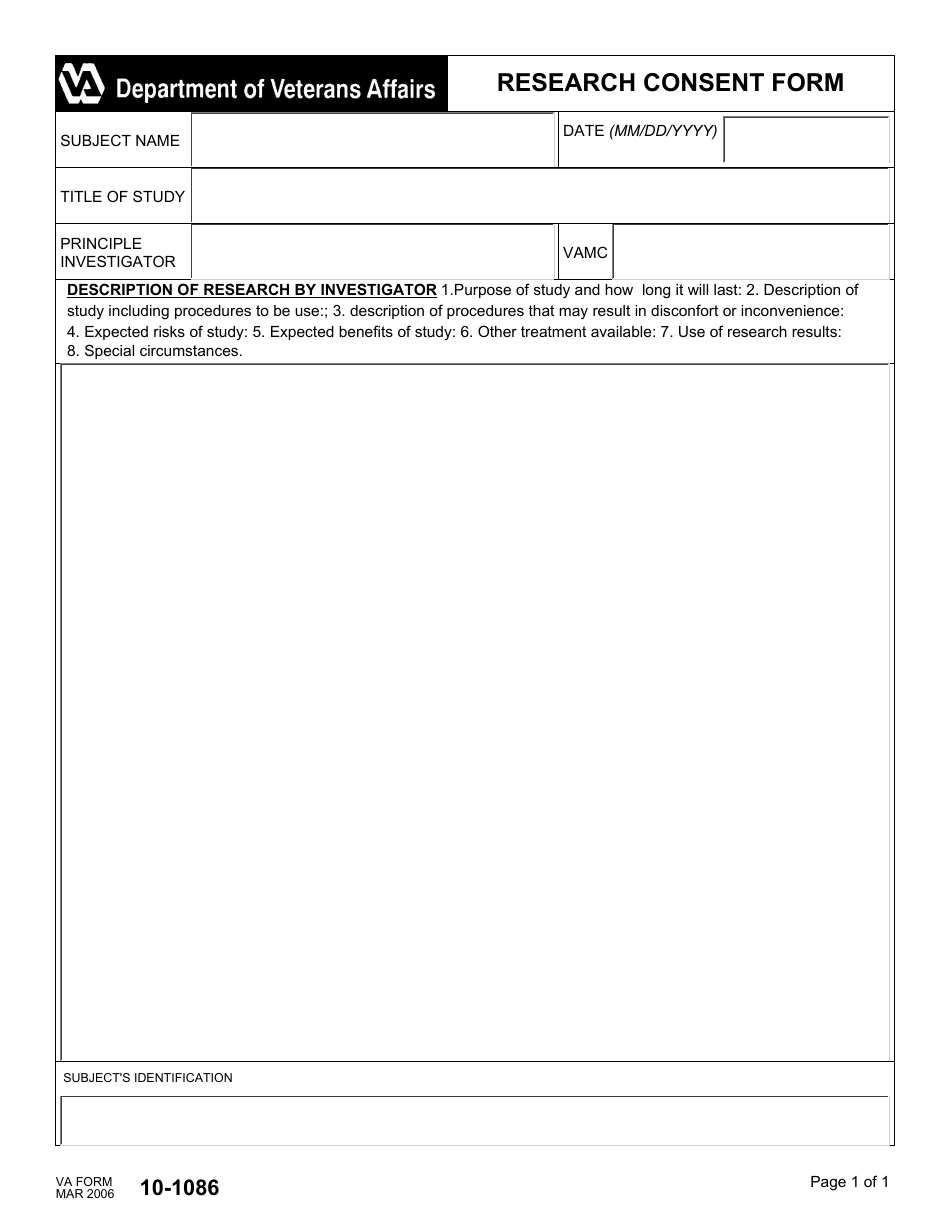 VA Form 10-1086 Research Consent Form, Page 1