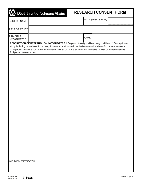 VA Form 10-1086 Research Consent Form