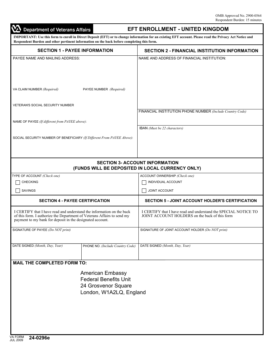 VA Form 24-0296e Eft Enrollment - United Kingdom, Page 1