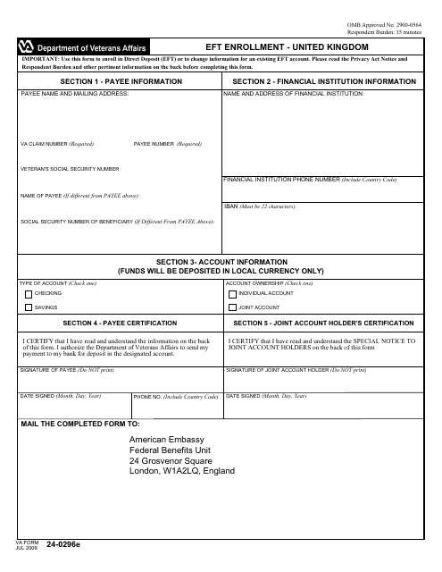VA Form 24-0296e Eft Enrollment - United Kingdom