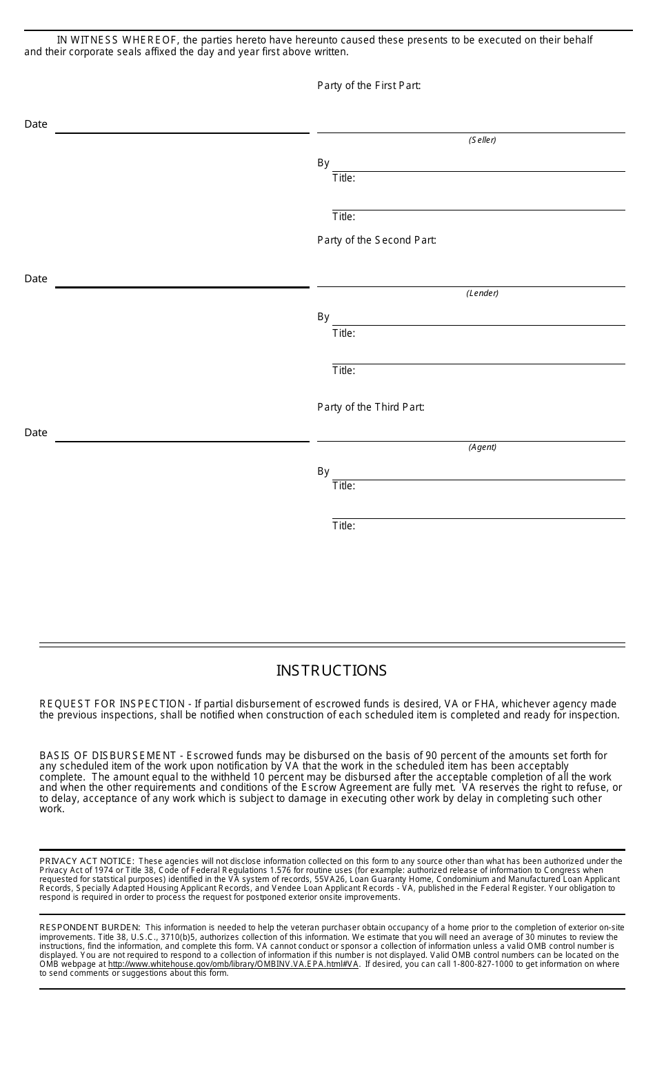 VA Form 26-1849 Escrow Agreement for Postponed Exterior Onsite Improvements, Page 4