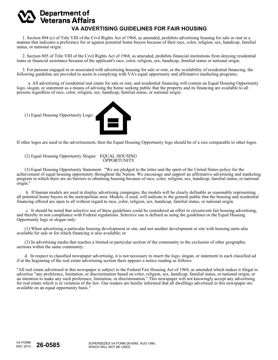 VA Form 26-0585 VA Advertising Guidelines for Fair Housing, Page 1
