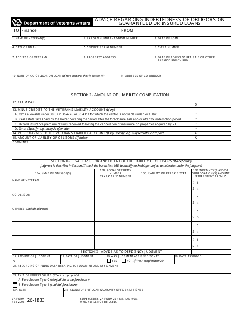 VA Form 26-1833 Advice Regarding Indebtedness of Obligors on Guaranteed or Insured Loans