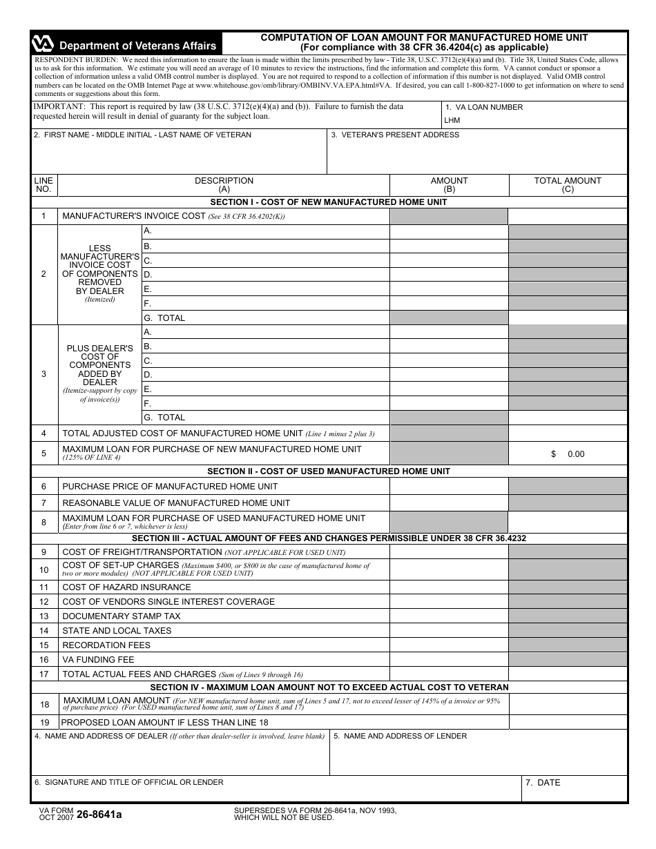 VA Form 26-8641a Computation of Loan Amount for Manufactured Home Unit, Page 1